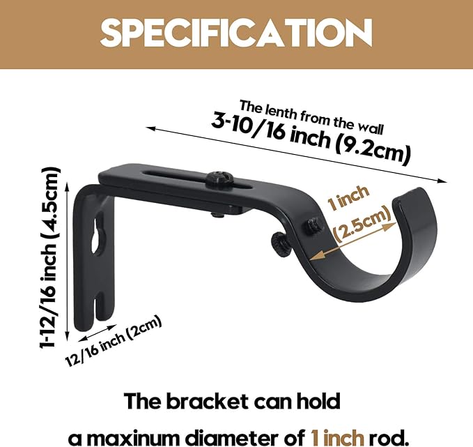 AddGrace Adjustable Curtain Rod Bracket Fits up to 1 inch Curtain Rod Sturdy Premium Brackets for Wall Set of 2 Black