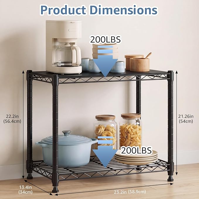DUMOS 2-Tier Metal Wire Storage Shelves, Adjustable Standing Storage Rack Shelf, Heavy Duty Steel Shelving Unit Organizers for Kitchen Bathroom Pantry Garage, 23.3" W×13.4" D×22.1" H, Black