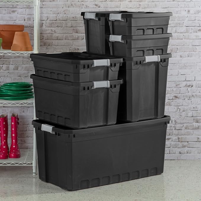 Sterilite 9-Pack Plastic Storage Bins with Lids, Stackable Containers, 50 Gallon, Black