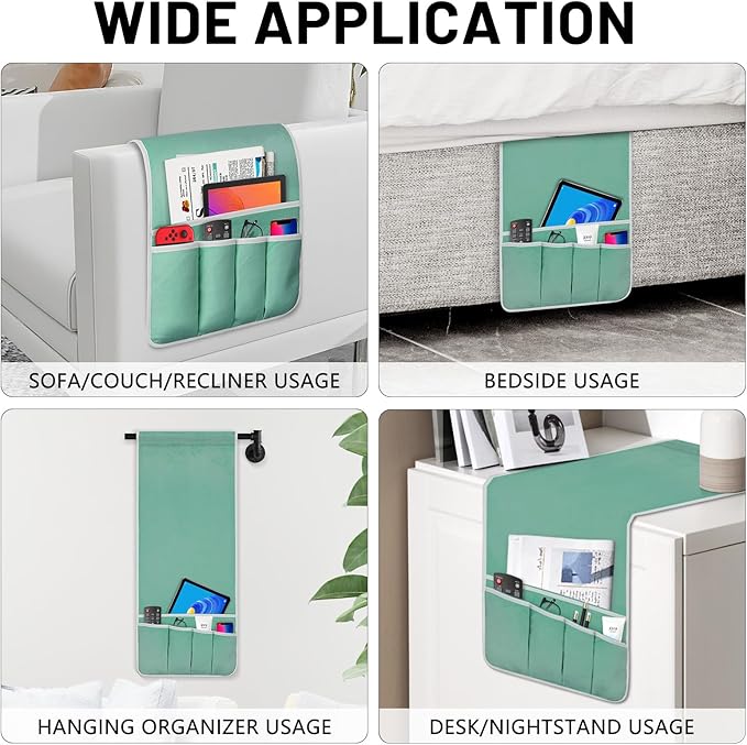 Remote Control Holder for Armchair Caddy, Couch TV Remote Holder for Bed Storage 5 Pockets，Remote Caddy Bedside Organizer Bedside Table Organizer (MintGreen, 35"x12.4")