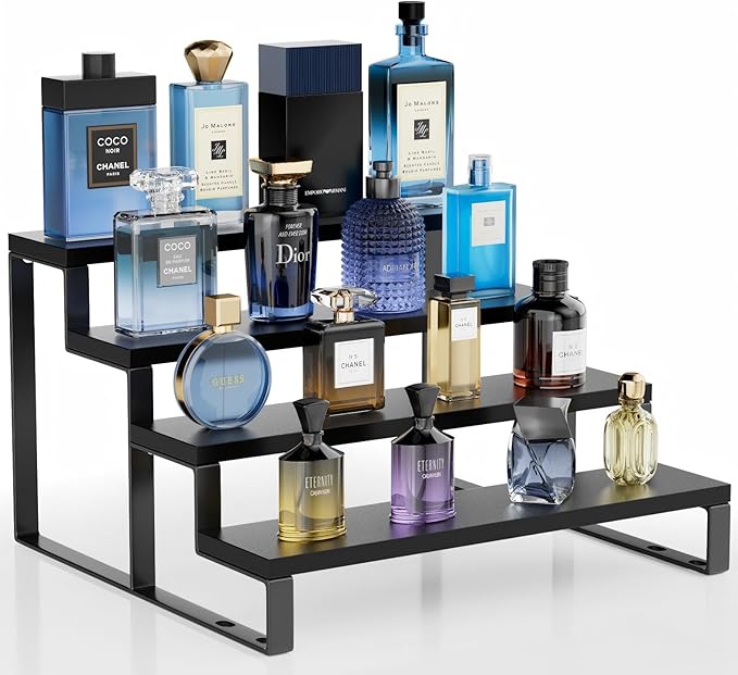 Wood Cologne Organizer for Men,12 Inch 4 Tier Cologne Stand Waterproof Perfume Organizer for Dresser with Anti-Slip Washers,Wooden Display Risers Stand for Party,Makeup,Figures,Cupcake,Perfume,Dessert