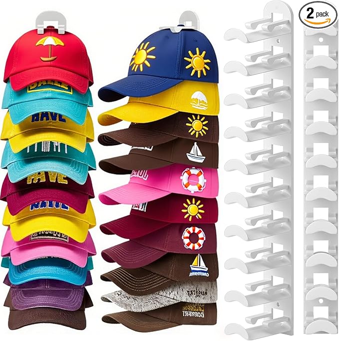 2 Pack Hat Hook Organizer for Baseball Caps, Hat Hanger Holder for 20 Caps, Wall Hat Rack with Strong Adhesive, Multilayer Cap Storage Hooks for Closet Door and Bedroom (Style B-White)