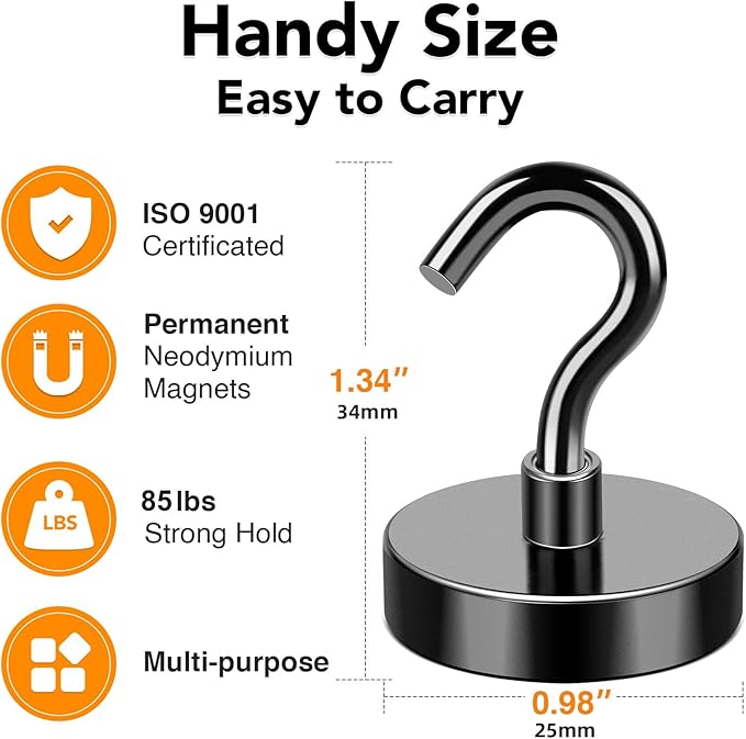 MIKEDE Black Magnetic Hooks 85Lbs Heavy Duty Earth Magnets with Hooks for Cruise Cabin Strong Magnet Hooks for Hanging Super Metal Magnetic Hanger for Grill Fridge Kitchen - Pack of 6