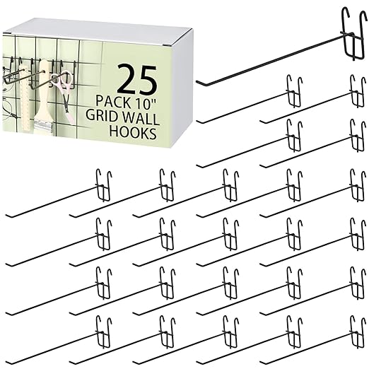 Moxweyeni 10 Inch Grid Wall Hooks 25 Pcs Gridwall Panel Hooks Store Garage Wall Mount Organizers Storage Grid Display Hangers for Retail, Craft Show, Home Setup, Customized Display (Black)