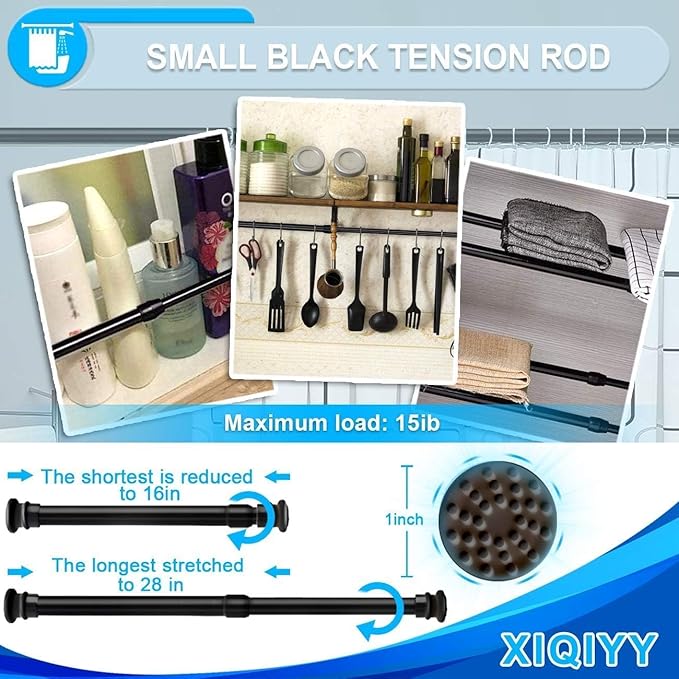 Strong Small Tension Rods 16 to 28 Inch Diameter 22 MM 1Pcs 1inch Shower Curtain Rod Black, Anti-slip -Heavy Duty Adjustable Spring Tension Rod for Windows,Bathroom