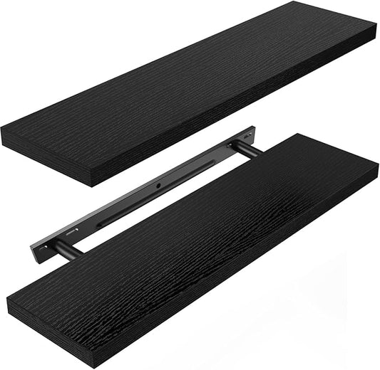 AMADA HOMEFURNISHING Floating Shelves Wall Mounted, 24 x 7 Inch Wall Shelves for Bathroom, Bedroom, Living Room, Black Shelves Set of 2 | Wall Shelves