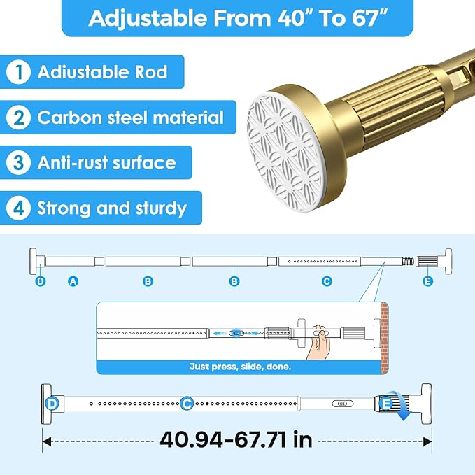 AIZESI 41-67 Inch Heavy Duty Gold Tension Curtain Rod - No Drilling, Adjustable, Rust-Proof for Outdoor, Living Room, Bathroom