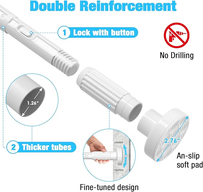 White Tension Curtain Rods 41-67 In Extra Long Outdoor Patio Curtain Rods No Drilling Adjustable Heavy Duty Tension Rods for Windows Bathroom Living Room Curtains, Rod Diameter 1.26In