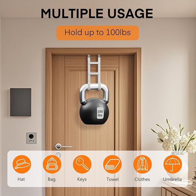FYY Over The Door Hooks - 2 Pack Heavy Duty Double-Hanger Organizer for Bathroom Bedroom Dorm, Hanging Clothes Towels Hats Bags Ironing Board Wreath Robe - Fits Interior Doors Up to 1.6” White