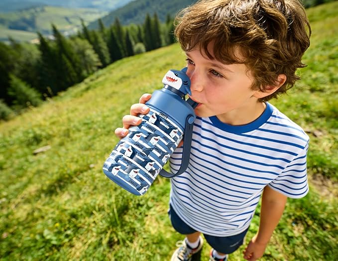 POWCAN 12 oz Insulated Water Bottle for School: 2-in-1 Straw Spout Lid with Soft Animal Head, Leakproof, BPA-Free, Keep Cold 24H, Easy Carry, Stainless Steel Cup for Kids, Boys, Girls (Baby Shark)