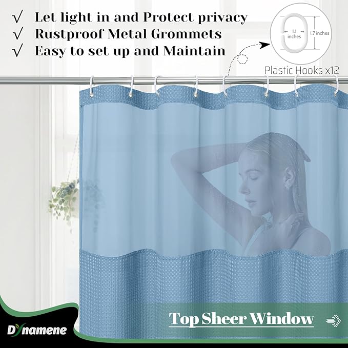 Dynamene Fabric Shower Curtain with Snap in Liner, Waffle Hotel Shower Curtains for Bathroom, Washable Waterproof Cloth Shower Curtain Liner Set with Hook, Mesh Top Window, 72x72, Moonlight Blue