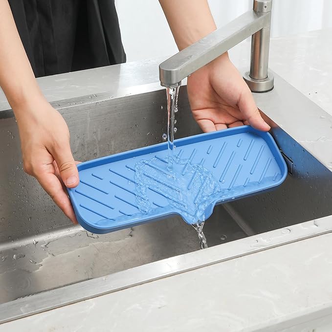 MicoYang Silicone Soap Dish with Drain Spout — Self-Draining Double Sink Organizer Tray for Kitchen & Bath, Dispensers, Sponges & Soap Holder, Non-Slip & Dishwasher Safe, Lichen Blue (Large, 12"×4")
