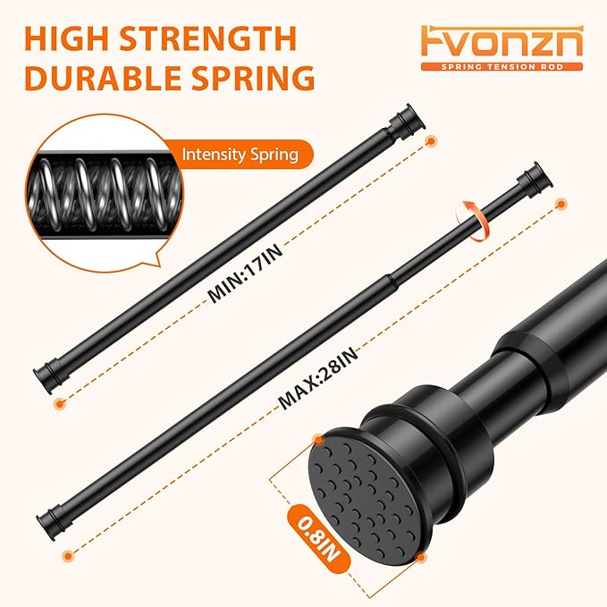 Tension Curtain Rod 17 to 28 Inch Adjustable Tension Rods 6 Pack Expandable Spring Tension Rod Black No Drilling for Closet Kitchen Cupboard Wardrobe Door Bookshelf DIY Projects