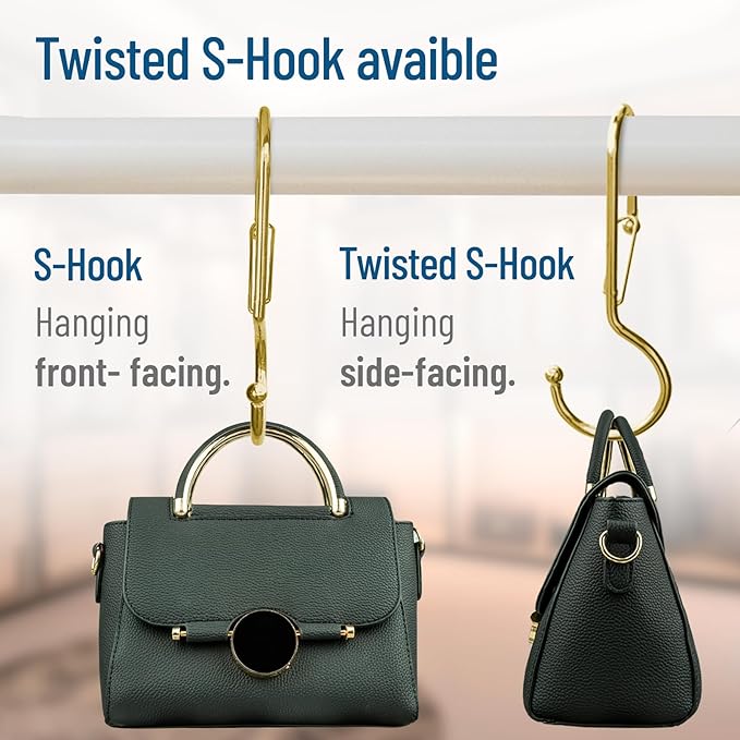 6-Pack Metal S Hooks for Hanging – Heavy-Duty S-Shaped Hook with Safety Buckle – Fits Bars up to 1.2 in – Anti-Drop S-Hooks for Closet, Wardrobes & Storage – Golden (Large)