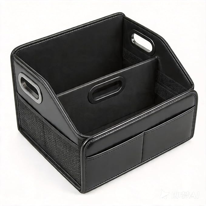 Car Storage Organizer Reinforced Dividable Leather Car Caddy Basket for Front Seat Floor Back Sturdy Frosted Handle 8 Compartments Adjustable Strap Buckles Slip-Resistant (Normal)