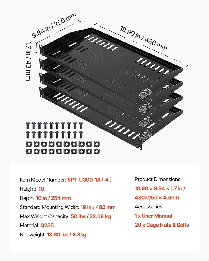 VEVOR 4PCS 1U Server Rack Shelf, Universal Vented Rack Mount Cantilever Tray for 19" Network Equipment Rack & Cabinet, 10" Deep Rack Mount Shelf