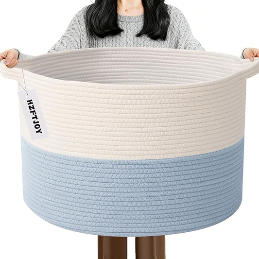 115L Large Blanket Basket,23.6" L x 23.6" W x 15.7" H Rope Woven Baskets with Handles, Toys Storage Bins,Laundry Basket Perfect for Living Room, Nursery,Bedroom,Home Organization,White&Blue