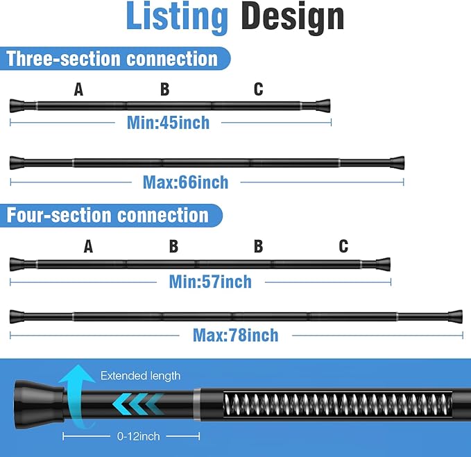 AIZESI 2 Pack Tension Curtain Rod for Windows 45 to 77 Inch, Adjustable Expandable Spring Curtain Rods No Drilling, Non Slip Curtain Rod for Bedroom Doorway Closet, Black