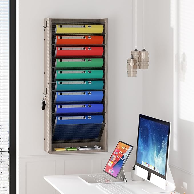 Creso hom Mail Organizer Wall Mounted, 11-Tier Hanging File Organizer with 4 Hooks, Wall File Holder for Papers, Folders, Documents, Bills, Magazines, Letters, Office&School Organization, Greige