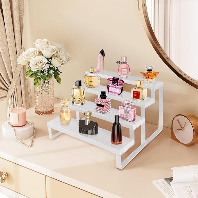 White Wood Cologne Organizer for Men Women,4 Tier Perfume Stand for Dresser Waterproof Cologne Stand with Anti-Slip pads for Party,Makeup,Figures,Cupcake,Perfume,Display Risers Stand Organizer