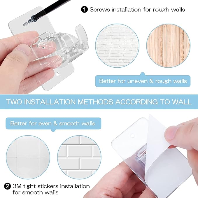 CIEMGNZOC 2PCS No Drill Curtain Brackets, Self-Adhesive Rods, Adjustable Curtain Hooks for Rods Under 1.57 Inch (Transparent)