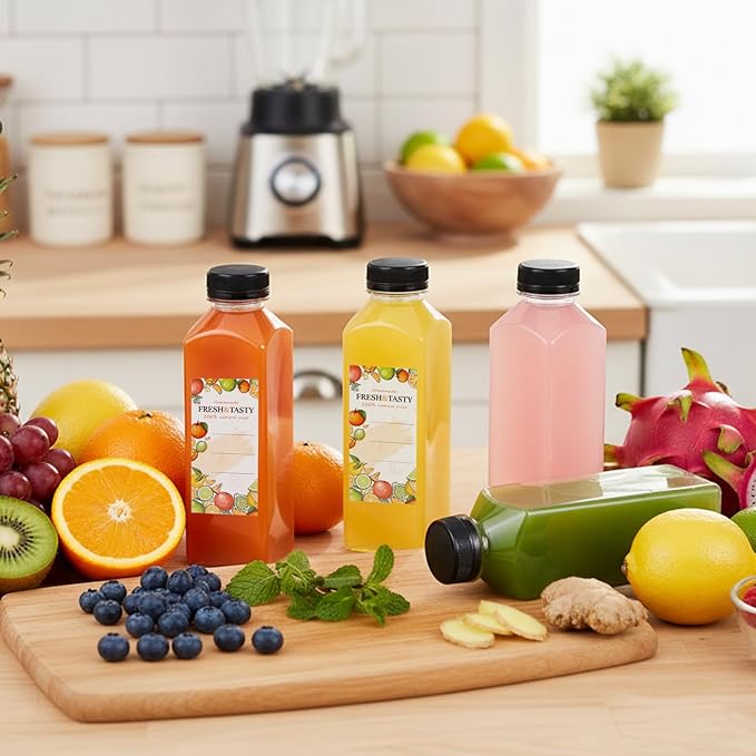 TOMNK 48pcs Juice Bottles, 16oz Reusable Plastic Juice Bottles with Caps and Labels, Funnel, Brush Beverage Containers for Juicing, Smoothies, Tea, Milk