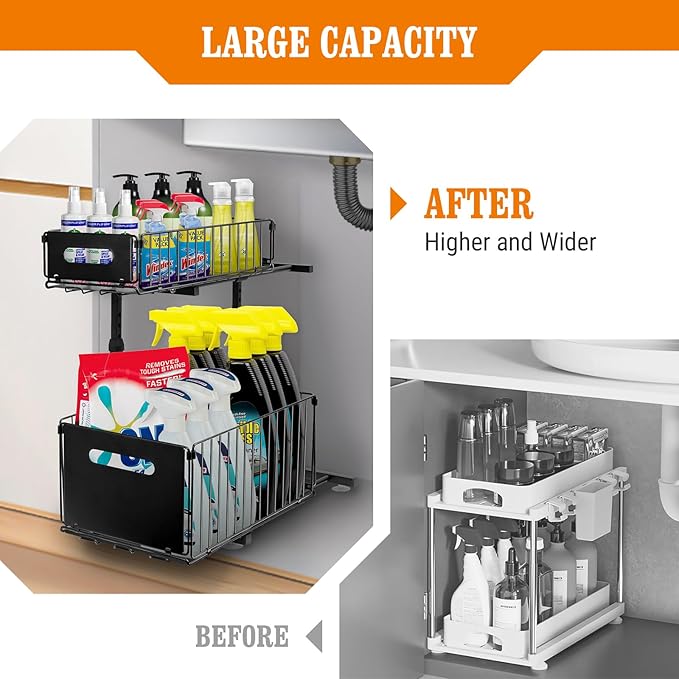 Under Sink Organizers and Storage, 2-Tier Pull Out Cabinet Organizer, Slide Sink Steel Shelf Cabinet Storage Shelves, 5 Height Adjustable Under Sink Storage for Kitchen Bathroom Cabinet, Black (1Pack)