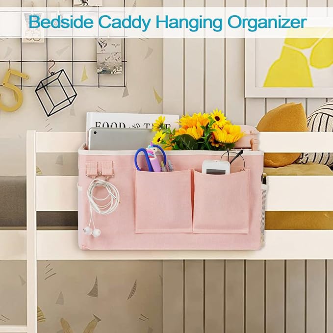 Loghot Bedside Caddy/Bedside Storage Bag Hanging Organizer for Bunk and Hospital Beds,Dorm Rooms Bed Rails,Can be Placed Glasses,Books,Mobile Phones,Keys (2pc Pink)