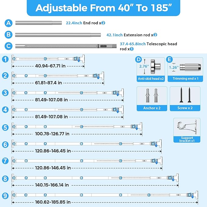 AIZESI 41-182 Inch Heavy Duty Silver Tension Curtain Rod - No Drilling, Adjustable, Rust-Proof for Outdoor, Living Room, Bathroom