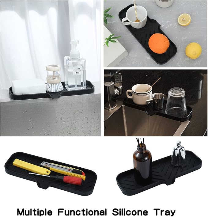 MicoYang Silicone Soap Dish with Drain Spout — Self-Draining Double Sink Organizer Tray for Kitchen & Bathroom, Dispensers, Sponges & Soap Holder, Non-Slip & Dishwasher Safe, Black (Large, 12"×4")