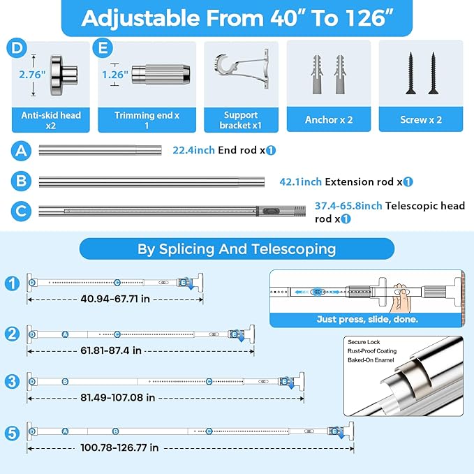 AIZESI 41-124 Inch Heavy Duty Silver Tension Curtain Rod - No Drilling, Adjustable, Rust-Proof for Outdoor, Living Room, Bathroom