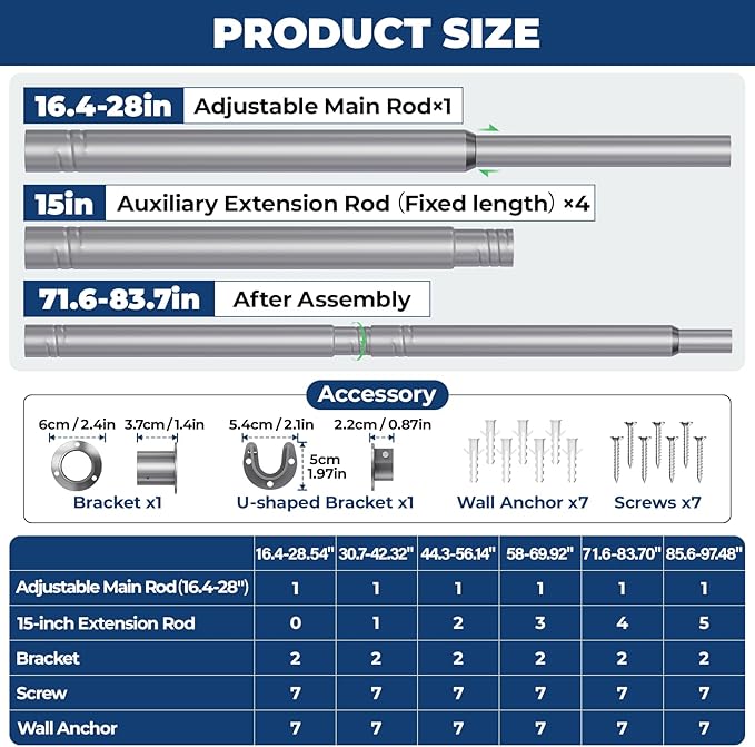 Mavivegue Closet Rod, 17 to 84 Inch Adjustable Closet Rods for Hanging Clothes, Silver Hanging Rod for Closet Wardrobes Laundry RV, Bathroom