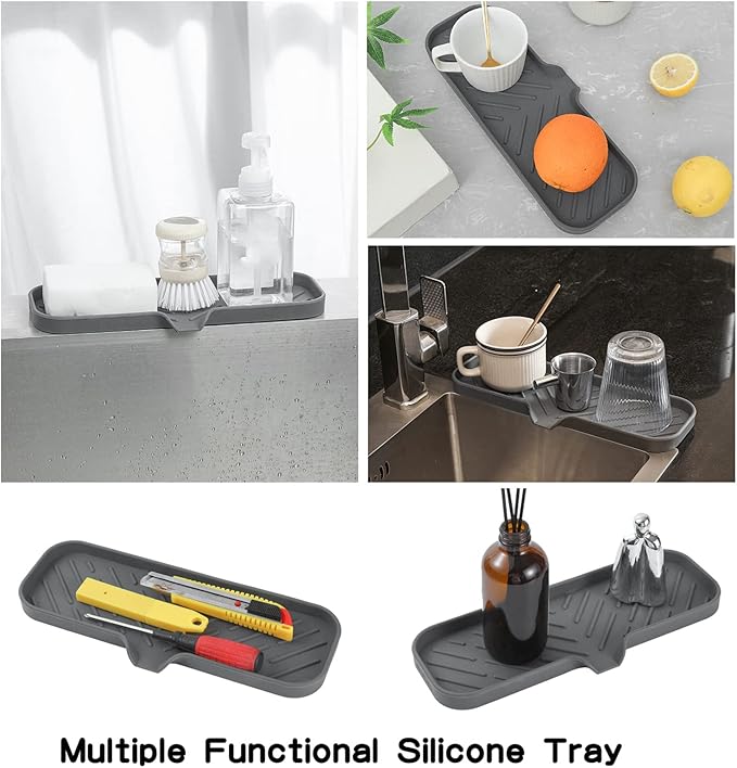 MicoYang Silicone Soap Dish with Drain Spout — Self-Draining Double Sink Organizer Tray for Kitchen & Bathroom, Dispensers, Sponges & Soap Holder, Non-Slip & Dishwasher Safe, Grey (Large, 12"×4")