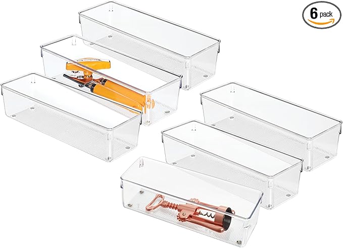 iDesign Plastic Drawer Organizer Bins - Storage for Kitchen, Bathroom, and Desk Drawers - Set of 6 - Clear