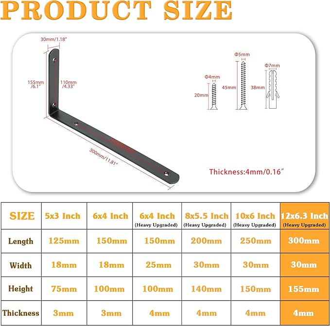 Alise Floating Shelf Brackets,Black Bracket for Shelves Heavy Duty L Bracket Corner Brace for Walls,Stainless Steel Joint Angle Brackets for Wood Board Support,12x6.3x1.2 Inch Upgraded(Pack of 4)