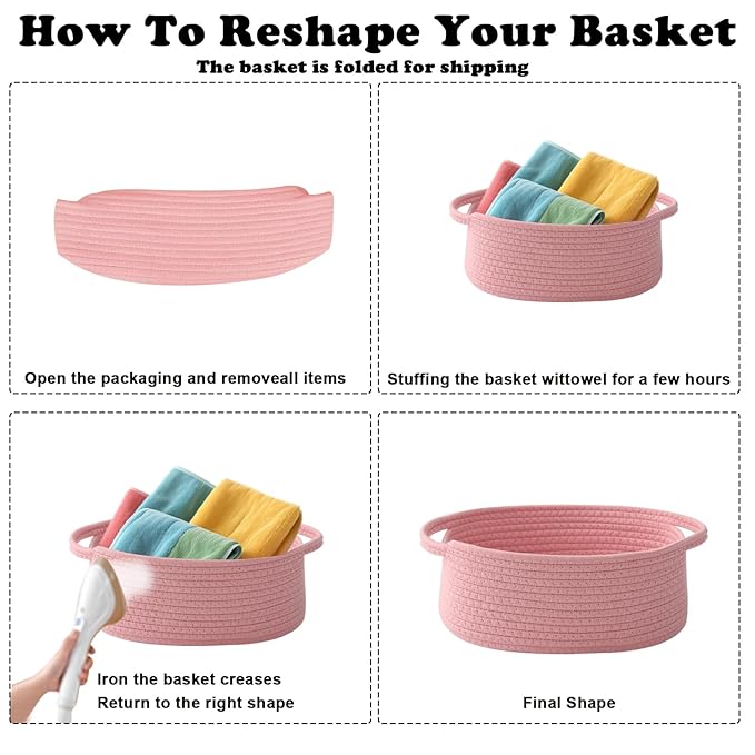 Small Woven Rope Basket-Empty Gifts Basket with Bag and Ribbons,Cute Handle Organizer Box for Birthday/Baby Shower, Toy Storage, Nursery Organizing & Shelf Decor(Pink)