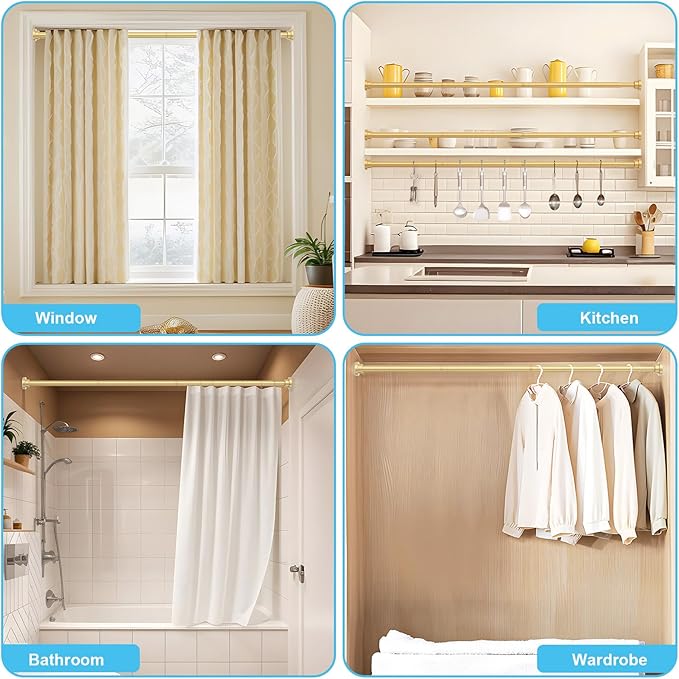 Tension Curtain Rod 30 To 49 Inch Gold Tension Rods Adjustable Spring Loaded Curtain Rods 7/8" No Drilling Tension Rods For Windows Bedroom Closet Doorway Door