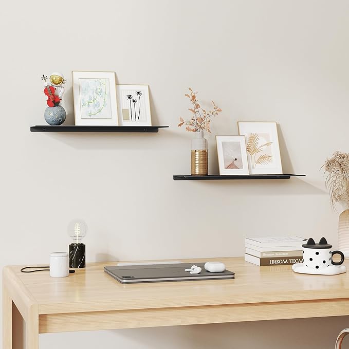 MKO 16" Floating Shelves for Wall, Long Metal Wall Mounted Shelf for Bathroom, Bedroom, Living Room, Kitchen, Display Hanging Shelves for Books/Storage/Room Decor 2 Packs, Black