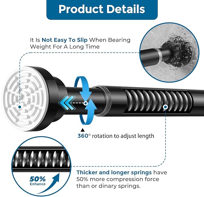 AIZESI Black Tension Curtain Rod 32-64 Inch Spring Loaded Curtain Rods No Drilling Spring Tension Rod Adjustable Curtain Rods for Window Doorway Bathroom Kitchen Closet, 7/8" Diameter