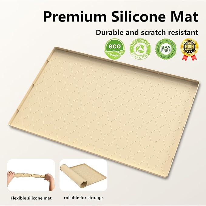 Mateeylife Under Sink Mats for Kitchen Waterproof 31"X22", Undersink Protectors，Silicone Mat Cabinet Liner, Under Sink Organizer for Bathroom and Kitchen，Boot Tray Pet Food Mat, Khaki