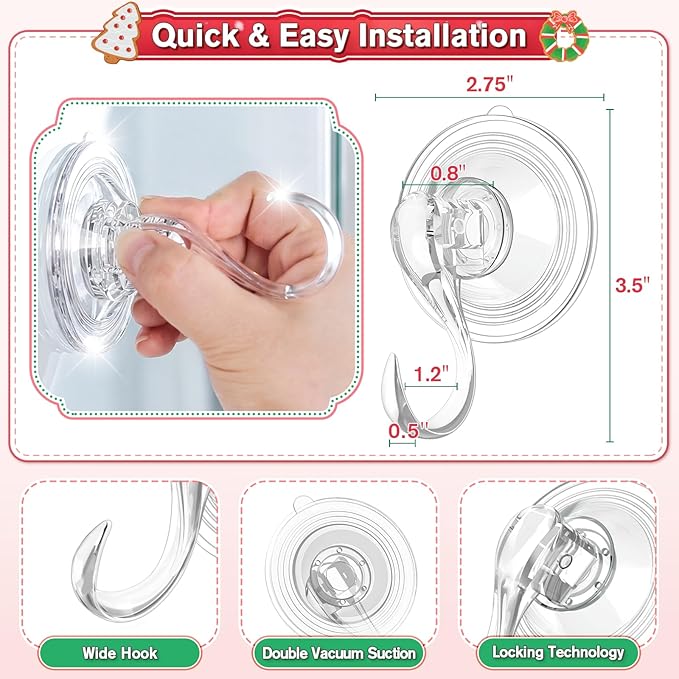 VIS'V Wreath Hanger, Large Suction Cup Wreath Hooks with Wipes, Heavy Duty, 22 LB Capacity, Removable and Reusable, Clear, 4 Pcs