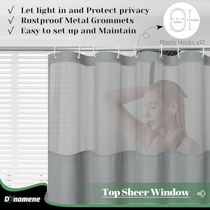 Dynamene Fabric Shower Curtain with Snap in Liner, Grey Waffle Hotel Shower Curtains for Bathroom, Washable Waterproof Cloth Shower Curtain Liner Set with Plastic Hooks, Mesh Top Window, 72x72, Gray