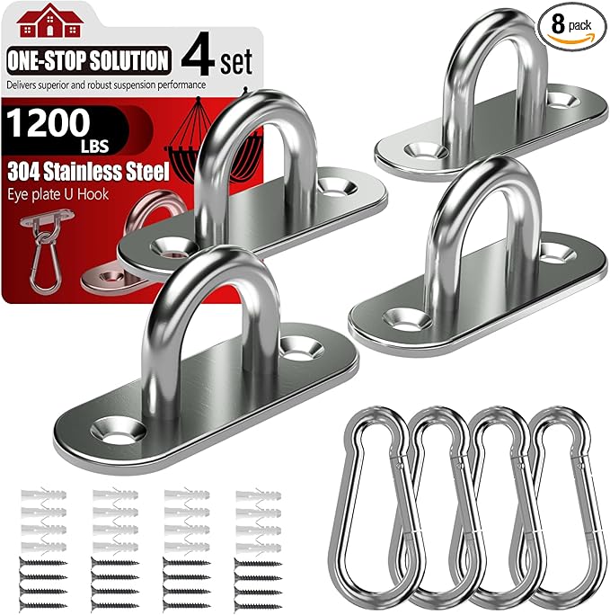 sprookber 304 Stainless Steel Pad Eye Snap Hooks, M8 Heavy Duty Ceiling Hooks, 1200 lb Capacity Hammock Swing Hanging kit, Plant Hangers, Marine Hardware Staple Hook Loop with Screws, Set of 8