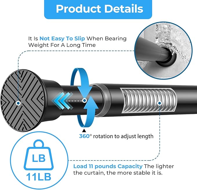 1pack Tension Curtain Rod 30 to 62 Inch, Black Spring Tension Curtain Rod Adjustable Expandable Curtain Rod No Drilling, Spring Loaded Curtain Rods for Windows, Bedroom, Doorway Door, Closet