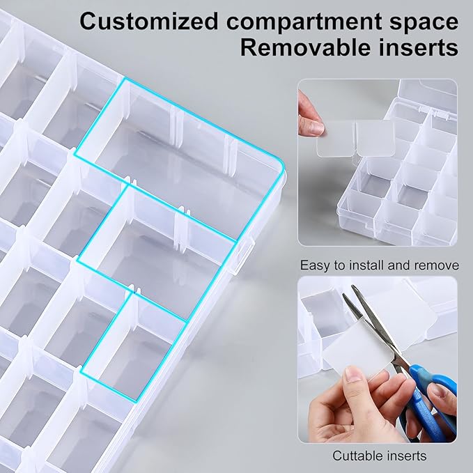 2 Pack 36 Grids Clear Plastic Organizer Box with Adjustable Dividers, Small Craft Organizers and Storage, Compartment Container for Bead, Nail, Jewelry, Art, DIY Crafts, Fishing Tackle, Small Items
