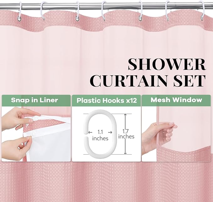 Dynamene 78 Inch Long Shower Curtain, Tall Waffle Fabric Shower Curtains for Bathroom, Hotel Waterproof Cloth Shower Curtain Liner Set with Hooks, Snap in Liner, Mesh Top Window, Pink, 72x78