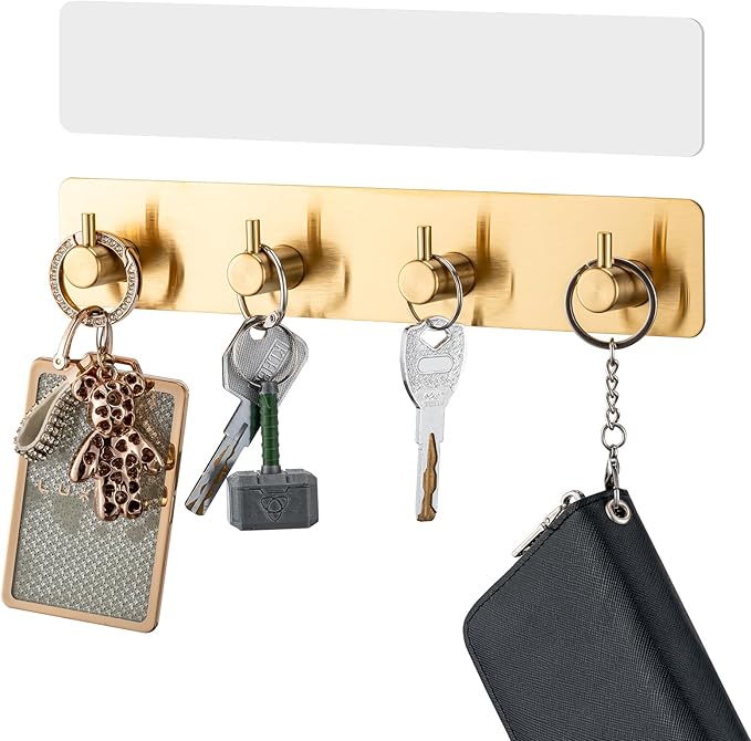 Key Holder with 4 Hooks,Key Hanger Organizer for Wall Mount with 2 Self-Adhesive Tapes,Metal Key Rack for Entryway, Door, Bathroom, Kitchen(Golden)