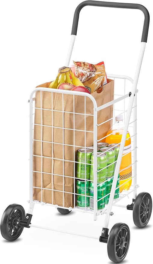 Whitmor Folding Utility Shopping Cart with Wheels, Heavy Duty Metal Grocery Cart, Portable Foam Handle, Rolling Collapsible Trolley for Groceries, Laundry, Storage, White