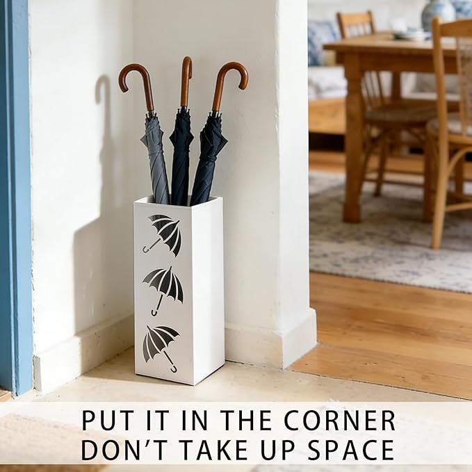 Metal Umbrella Holder, Square Freestanding Umbrella Stand Bucket Storage Indoor for Entryway, 6.3 x 6.3 x 16.3 Inch (White)