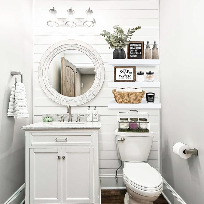 QEEIG Floating Shelves for Wall Bathroom Shelf Bedroom Kitchen Living Room Hanging Book Shelves Small Farmhouse Decor 16 inch Set of 3, White (015-W3)